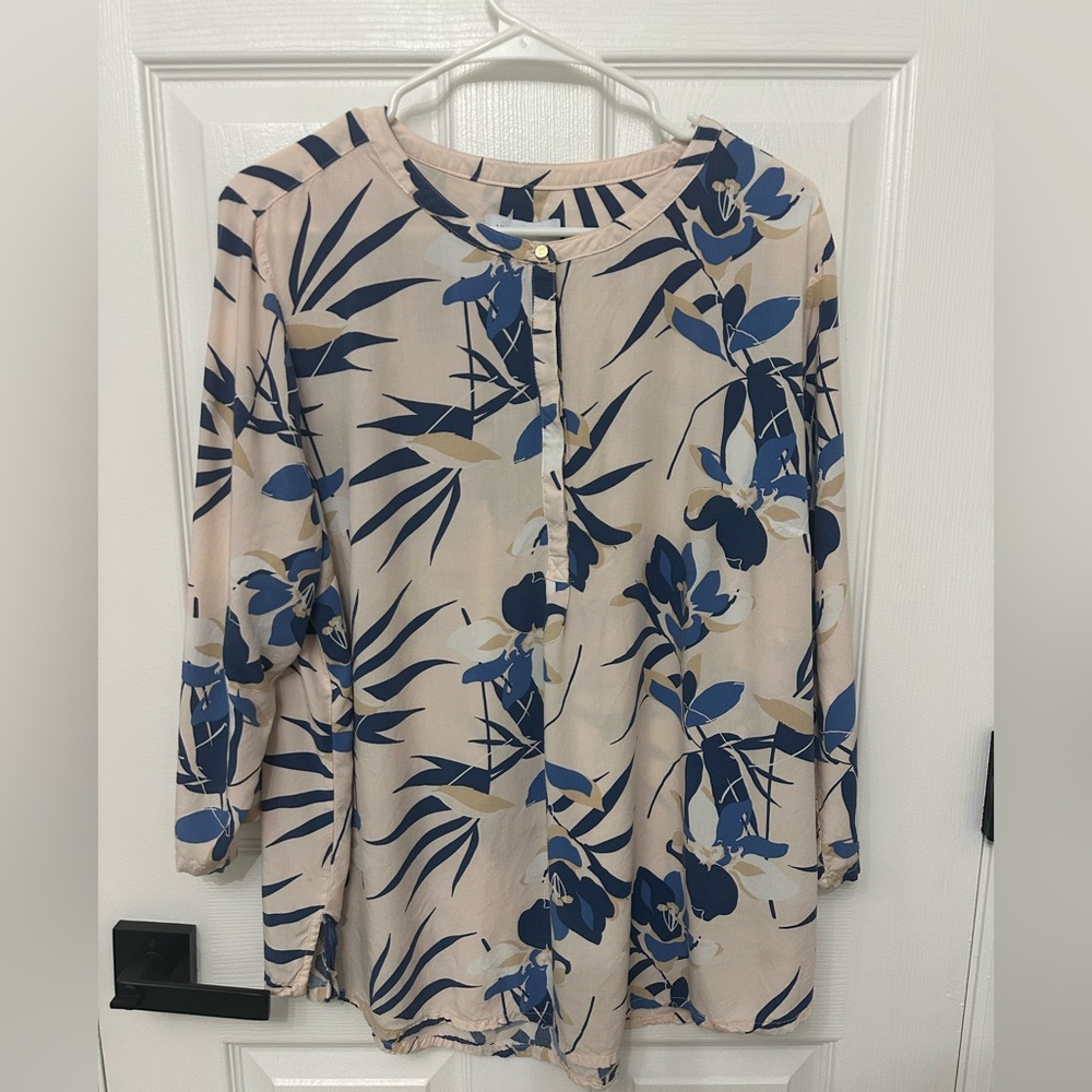 Liz Claiborne Shirt XXL Top Floral Soft 1/2 Button Up Blouse Shirt  3/4 Sleeves
